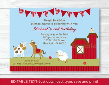 Farm Animals Barn Friends Printable Birthday Invitation Editable PDF #A293