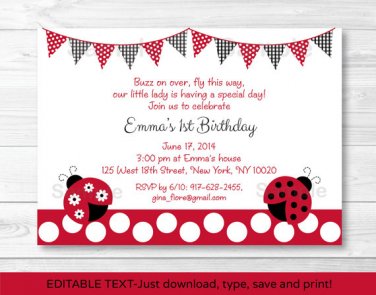 Little Red Ladybug Garden Printable Birthday Invitation Editable PDF #A214