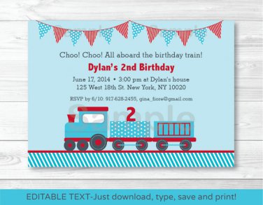 Choo Choo Train Red Blue Baby Boy Printable Birthday Invitation Editable PDF #A298
