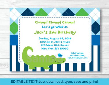 Preppy Alligator Argyle Stripes Printable Birthday Invitation Editable PDF #A302