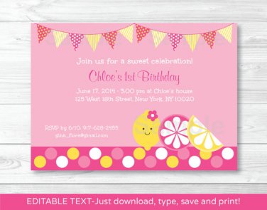 Pink Lemonade Printable Birthday Invitation Editable PDF #A303