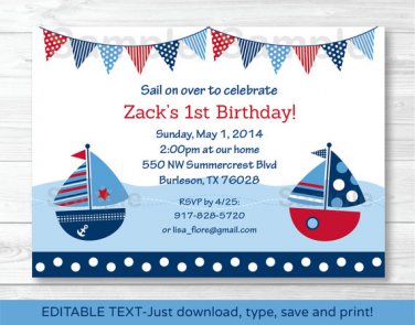 Sail Away Sailboat Nautical Blue Printable Birthday Invitation Editable PDF #A168