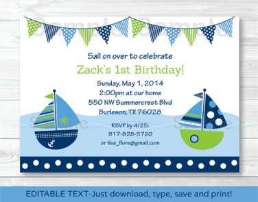 Nautical Sailboat Printable Birthday Invitation Editable PDF #A198