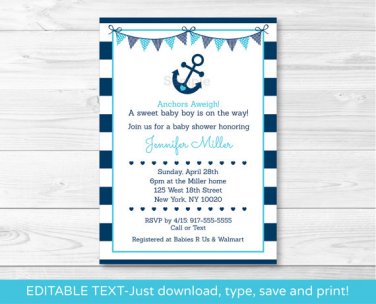 Nautical Anchor Printable Baby Shower Invitation Editable PDF #A222