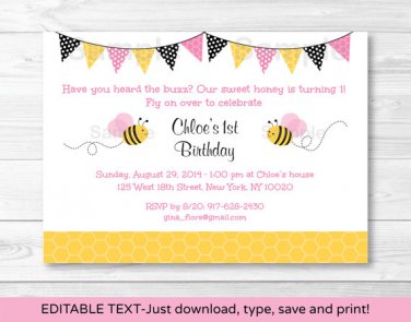 Pink Bumble Bee Printable Birthday Invitation Editable PDF #A154