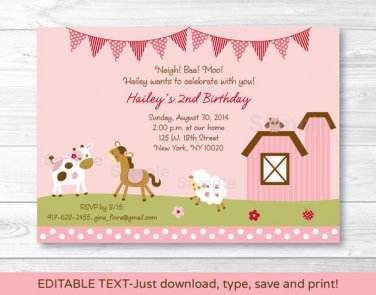 Pink Farm Animals Printable Birthday Invitation Editable PDF #A142
