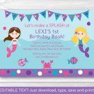 Mermaid Printable Birthday Invitation Editable PDF #A304