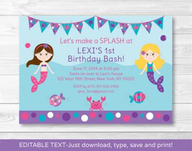 Mermaid Printable Birthday Invitation Editable PDF #A304