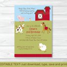 Farm Animals Cow Pig Sheep Horse Printable Birthday Invitation Editable PDF #A305