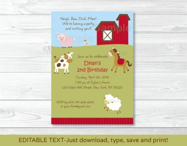 Farm Animals Cow Pig Sheep Horse Printable Birthday Invitation Editable PDF #A305