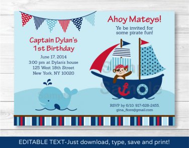 Pirate Monkey Nautical Whale Printable Birthday Invitation Editable PDF #A306