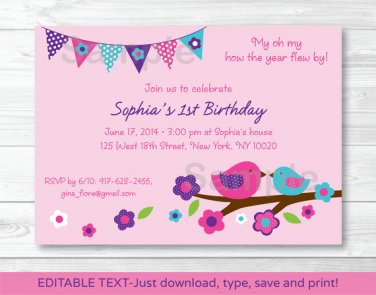 Spring Bird Printable Birthday Invitation Editable PDF #A307
