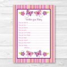 Baby Girl Pink Butterfly Printable Baby Shower Wishes For Baby Advice Cards #A221