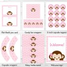 Girl Pop Monkey Pink Printable Baby Shower Party Package #A167