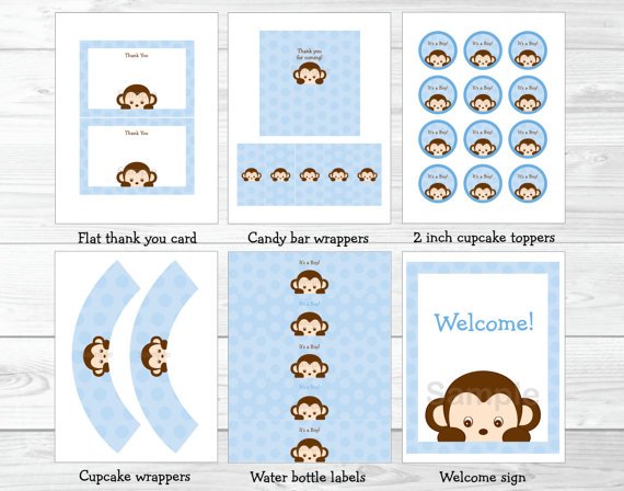 Boy Pop Monkey Blue Printable Baby Shower Party Package #A175