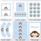 Boy Pop Monkey Blue Printable Baby Shower Party Package #A175