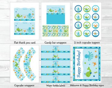Under The Sea Octopus Crab Whale Nautical Printable Birthday Party Package #A316