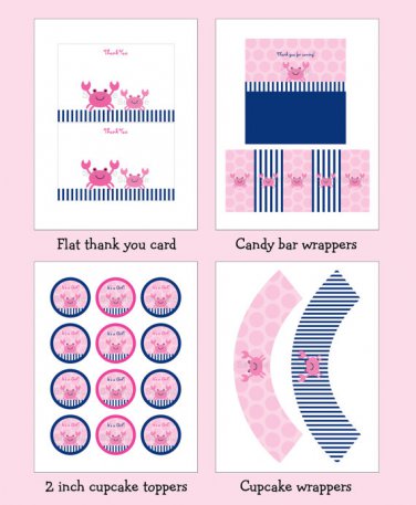 Pink Crab Nautical Printable Baby Shower Party Package #A121