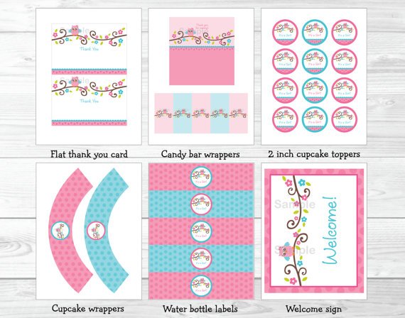 Pink Owl Blossom Printable Baby Shower Party Package #A162