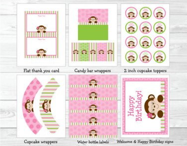 Mod Girl Monkey Printable Birthday Party Package #A288