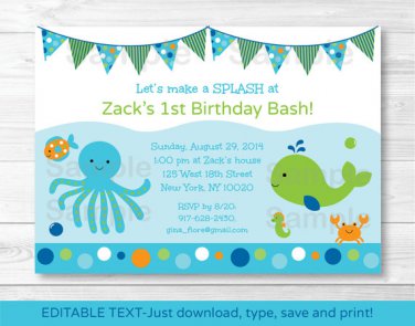 Under The Sea Octopus Crab Whale Nautical Birthday Invitation Editable PDF #A316