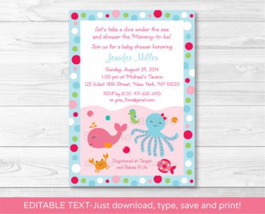 Pink Under The Sea Nautical Printable Baby Shower Invitation Editable PDF #A321