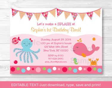 Pink Under The Sea Nautical Printable Birthday Invitation Editable PDF #A159