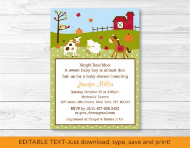Fall Farm Animal Pumpkin Printable Baby Shower Invitation Editable PDF #A322