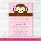Girl Monkey Printable Baby Shower Invitation Editable PDF #A167