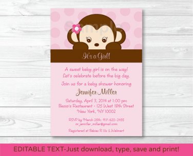 Girl Monkey Printable Baby Shower Invitation Editable PDF #A167