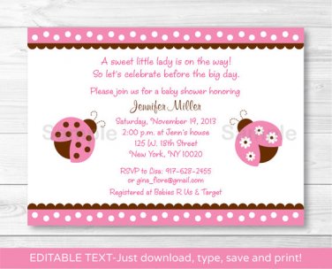 Pink Ladybug Printable Baby Shower Invitation Editable PDF #A122