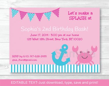 Pink Crab Nautical Printable Birthday Invitation Editable PDF #A206