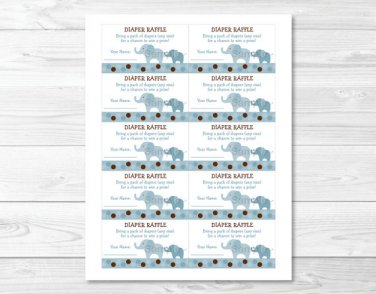 Blue Polka Dot Elephant Jungle Printable Baby Shower Diaper Raffle Tickets #A115