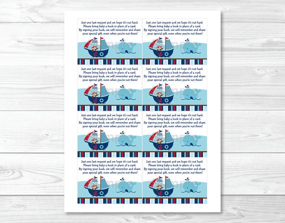 Pirate Monkey Nautical Whale Printable Baby Shower Book Request Cards #A287