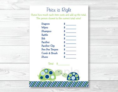Mod Green Turtle Printable Baby Shower "Price Is Right!" Game Cards #A126