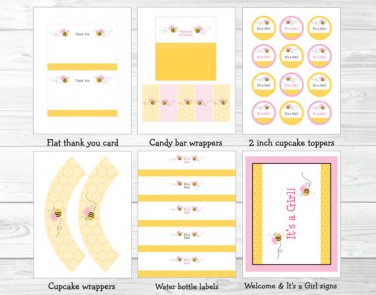 Pink Bumble Bee Printable Baby Shower Party Package #A101