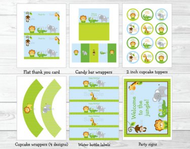 Blue Safari Jungle Animals Printable Birthday Party Package #A328