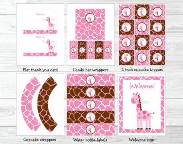 Pink Giraffe Printable Birthday Party Package #A329