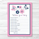Pink Navy Butterfly Flowers Printable Baby Shower Wishes For Baby Advice Cards #A216