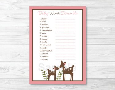 Pink Willow Deer Printable Baby Shower "Baby Word Scramble" Game Cards #A200