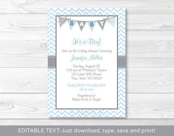 Modern Baby Blue Chevron Printable Baby Shower Invitation Editable PDF #A260