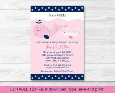 Mod Pink Whale Printable Baby Shower Invitation Editable PDF #A330
