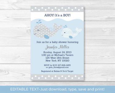 Mod Whale Printable Baby Shower Invitation Editable PDF #A331