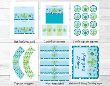 Under The Sea Octopus Turtle Nautical Printable Birthday Party Package #A334