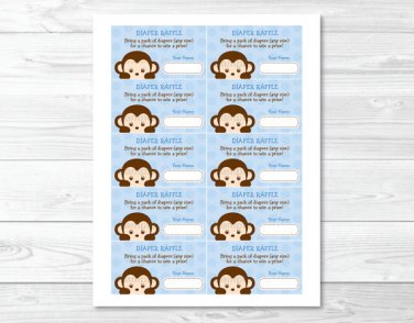 Mod Pop Monkey Blue Printable Baby Shower Diaper Raffle Tickets #A175