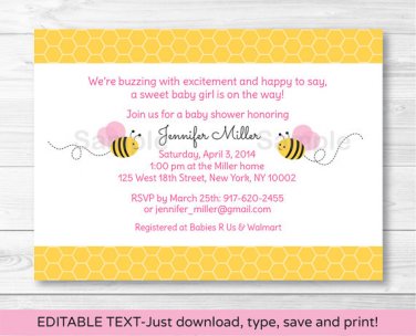 Pink Bumble Bee Printable Baby Shower Invitation Editable PDF #A101