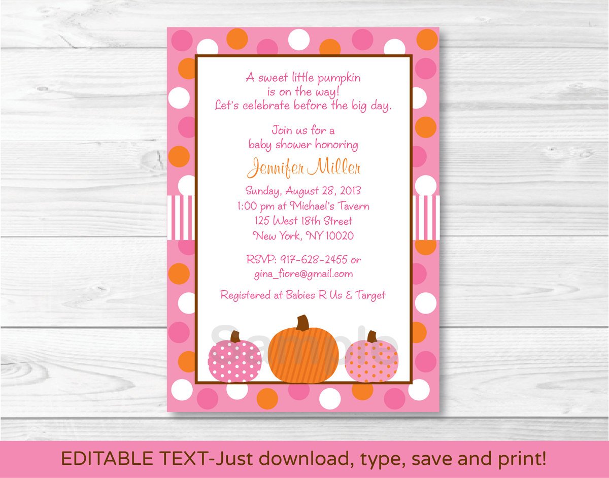 Pink Pumpkin Fall Harvest Printable Baby Shower Invitation Editable PDF #A337