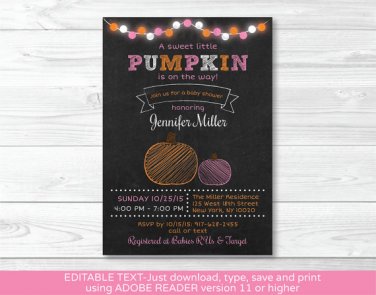 Pink Pumpkin Chalkboard Printable Baby Shower Invitation Editable PDF #A342