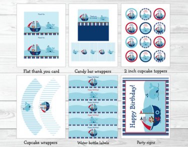 Pirate Monkey Nautical Whale Printable Birthday Party Package #A306