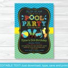 Boys Pool Party Printable Chalkboard Birthday Invitation Editable PDF #A344